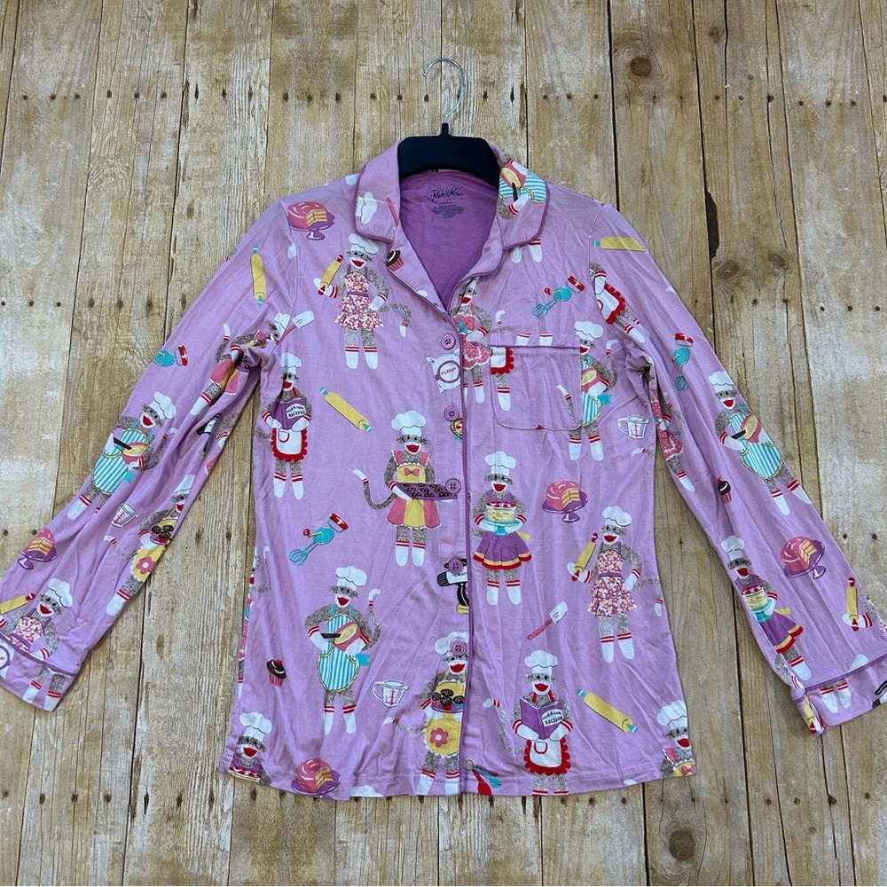 Nick & Nora Pajama Shirt Top S Lilac Violet Purple Sock Monkey Baking Chef Knit